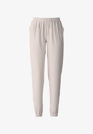 Lightweight, elastic waist pants with vertical stripes in pink, green, and white. Features side pockets and tapered leg design.