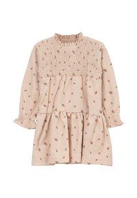Vestido rosa claro con mangas largas, cuerpo fruncido, escote con volantes y estampado floral en marrón. Falda acampanada con diseño de volantes recogidos.