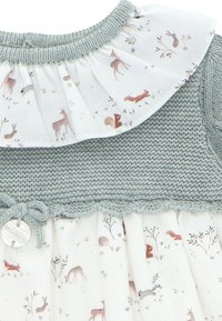 Vestido de punto con una parte superior verde claro y una falda crema. La falda presenta un delicado estampado de animales, incluyendo ciervos y ardillas. Adornado con un lazo y un botón.