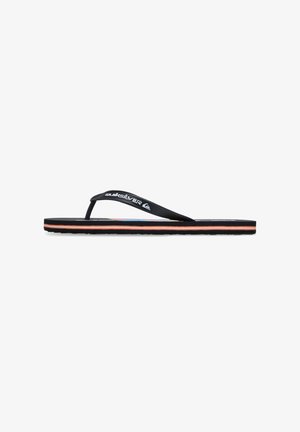Black flip-flop with textured footbed, thin rubber straps, and Quiksilver logo. Features a striped sole with orange and white accents.