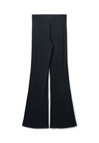 Pantaloni a zampa d'elefante a costine di colore scuro con un'apertura ampia. Presentano un elastico in vita e una texture morbida. Nessuna tasca o fissaggi visibili.
