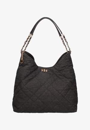 Gequilted zwarte stoffen handtas met een slappe vorm. Beschikt over dubbele ketting- en stoffen hengsels en een logo-detail in gouden hardware.