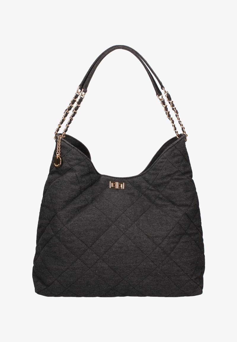 Gequilted zwarte stoffen handtas met een slappe vorm. Beschikt over dubbele ketting- en stoffen hengsels en een logo-detail in gouden hardware.