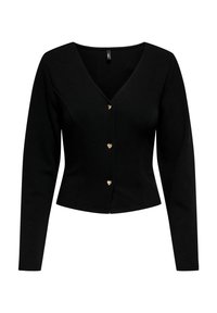 Črna oprijeta majica z dolgimi rokavi, V-izrezom in tremi majhnimi zlatimi gumbi v obliki src po sprednji strani.