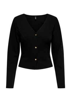 Juodas aptemptas ilgomis rankovėmis viršus su V formos iškirpte ir trimis mažais auksiniais mygtukais, kurie yra širdies formos, priekyje.