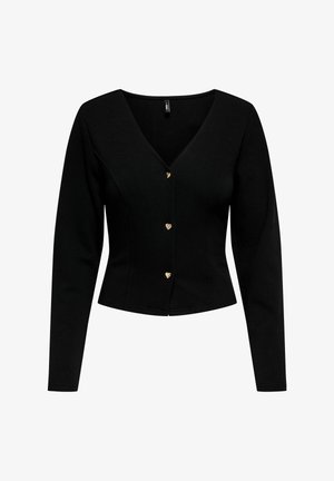 Juodas aptemptas ilgomis rankovėmis viršus su V formos iškirpte ir trimis mažais auksiniais mygtukais, kurie yra širdies formos, priekyje.