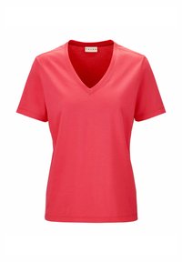 Roze T-shirt met korte mouwen en een V-hals, gemaakt van zachte katoen. Soepele structuur en casual ontwerp, geschikt voor dagelijks gebruik.