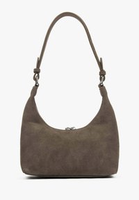 Brown suede shoulder bag with a curved top and adjustable strap featuring metal clasps on a white background.