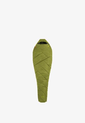 Olivgrüner, mumienförmiger Schlafsack mit Kapuze und diagonaler Steppung, entworfen für Outdoor-Camping und Wärme.