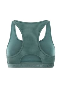 Bezšvová športová podprsenka v tyrkysovej farbe s textúrovanou zadnou časťou, v štýle racerback, s otvorom v tvare kľúča a logom "protest" na páse.