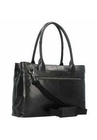 Zwarte leren shopper met dubbele handgrepen, verstelbare schouderband, voorzak met rits en een gladde textuur. Kenmerkend voor het minimalistische ontwerp en stevige constructie.
