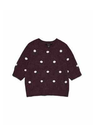 Burgundy sweater with three-quarter sleeves, featuring white polka dots and a relaxed fit. Soft texture, round neckline, and no visible hardware.