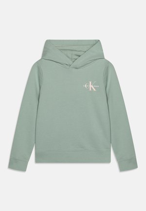Mintgroene hoodie met een voorzak in kangaroo-stijl, geribbelde manchetten en zoom, met een lichtroze Calvin Klein-logo op de borst.