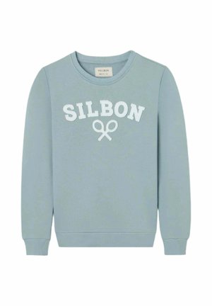 Sudadera azul claro con cuello redondo, texto blanco "SILBON" y logo de raquetas de tenis cruzadas centrado en el pecho.