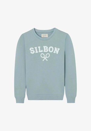 Sudadera azul claro con cuello redondo, texto blanco "SILBON" y logo de raquetas de tenis cruzadas centrado en el pecho.