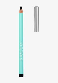 Una matita nera con un fusto turchese che presenta il testo del logo; un cappuccio argento lucido è mostrato accanto ad essa.