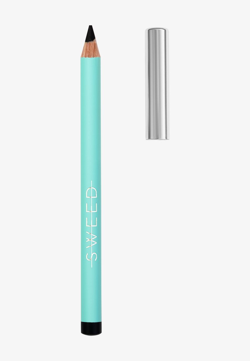 Una matita nera con un fusto turchese che presenta il testo del logo; un cappuccio argento lucido è mostrato accanto ad essa.