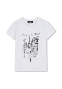 T-shirt blanc à manches courtes avec un croquis noir des rues parisiennes et des personnages, accompagné du texte "Maison de Karl" au-dessus du design.