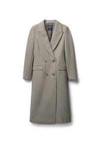 Beige Wollmischungsmantel mit Textur, doppelt knöpfbarem Design, Reverskragen, zwei vorderen Taschen und braunen Knöpfen.