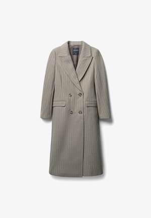 Beige Wollmischungsmantel mit Textur, doppelt knöpfbarem Design, Reverskragen, zwei vorderen Taschen und braunen Knöpfen.