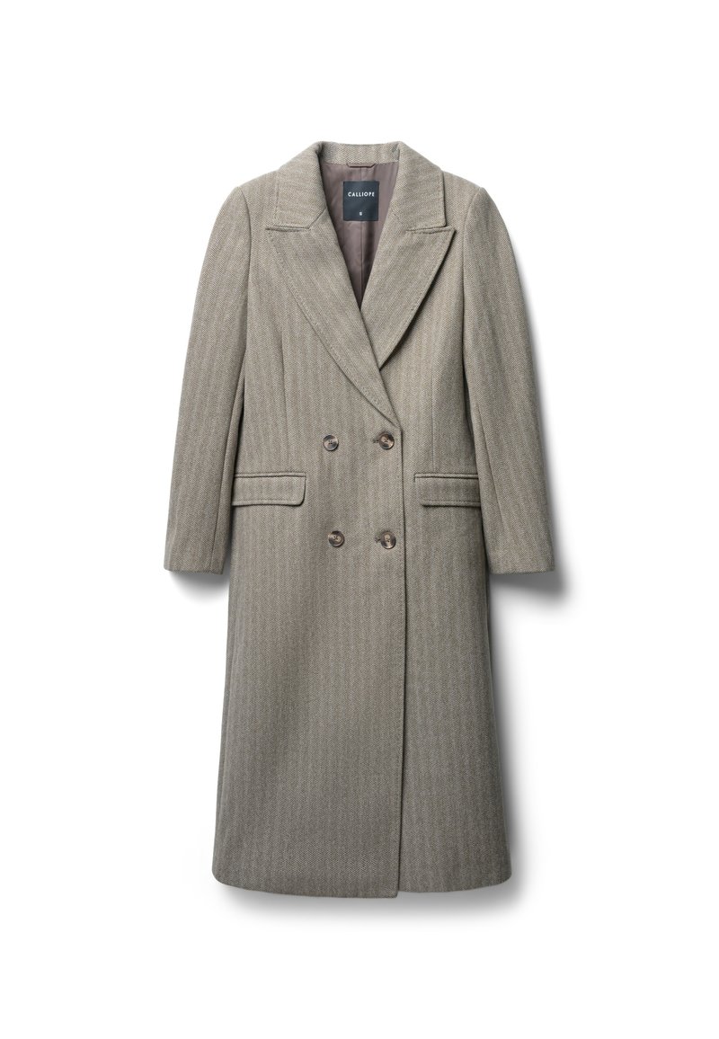 Beige Wollmischungsmantel mit Textur, doppelt knöpfbarem Design, Reverskragen, zwei vorderen Taschen und braunen Knöpfen.
