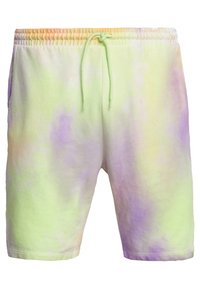 Shorts en coton courts avec un motif tie-dye pastel dans des teintes de vert, jaune et violet. Dotés d'une taille élastique avec un cordon de serrage.