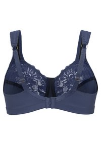 Navy-blauwe draadloze bh met kanten détails op de cups, verstelbare bandjes en een zachte stofbasis met een haak-en-oogsluiting.