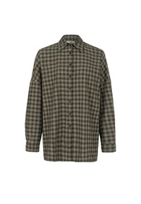 Koszula w kratę z flaneli w ciemnozielonym, beżowym i czarnym kolorze. Posiada zapięcie na guziki, kołnierzyk typu spread oraz długie rękawy z manszetami.