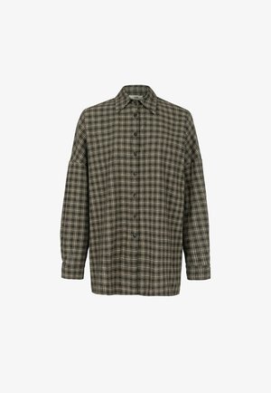 Koszula w kratę z flaneli w ciemnozielonym, beżowym i czarnym kolorze. Posiada zapięcie na guziki, kołnierzyk typu spread oraz długie rękawy z manszetami.