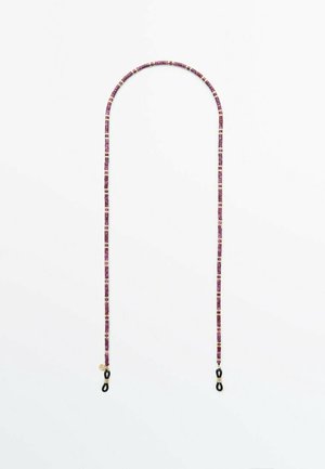 Chaîne à lunettes perlée violette et dorée avec boucles en caoutchouc noir à chaque extrémité pour maintenir les lunettes en sécurité.