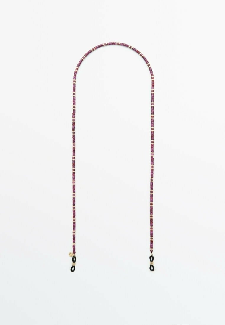 Chaîne à lunettes perlée violette et dorée avec boucles en caoutchouc noir à chaque extrémité pour maintenir les lunettes en sécurité.