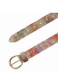 Ceinture en cuir avec un motif floral multicolore, dotée d'une boucle en or et de plusieurs trous de réglage. La surface texturée ajoute un intérêt visuel.