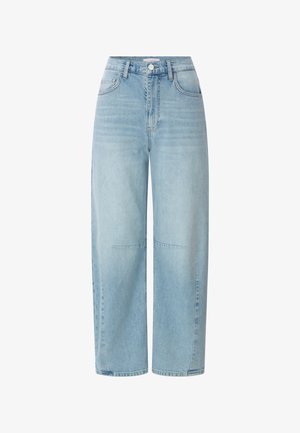 Svetlo modre jeans hlače z visokim pasom in širokimi nogavicami, s sprednjim gumbom in zadrgo, sprednjimi žepi ter šivi na kolenih.