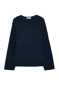 Navy blue, textured sweater with a v-neck and long sleeves. Soft fabric, relaxed fit, and ribbed edges at the cuffs and hem.