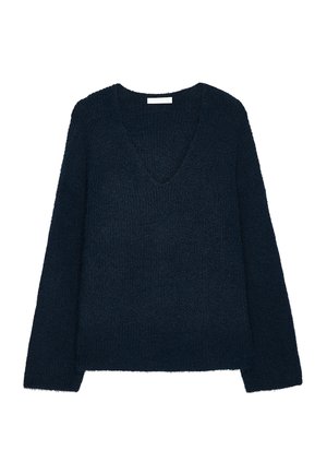 Marineblauer, strukturierten Pullover mit V-Ausschnitt und langenÄrmeln. Weicher Stoff, lockere Passform und gerippte Kanten an den Bündchen und am Saum.