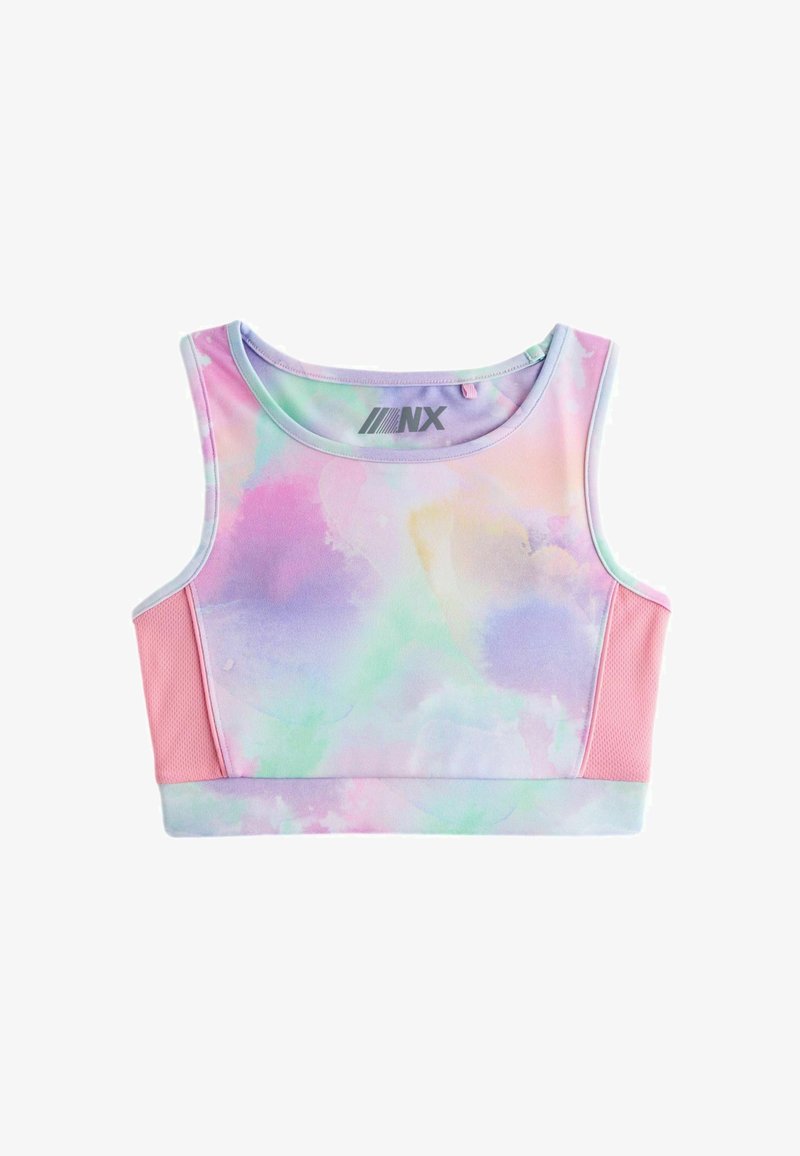 Reggiseno sportivo tie-dye pastello con pannelli laterali in rete rosa e scollatura arrotondata, con un piccolo logo "NX" vicino al colletto.