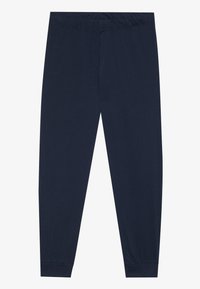 Navy blue puuvillapantsit, joissa on joustava vyötärö, kapeneva lahkesuunnittelu ja napakat hihnat nilkoissa mukavan istuvuuden takaamiseksi.
