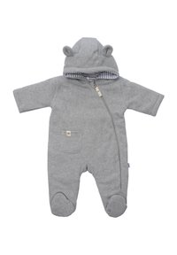 Graufarbener Einteiler für Babys mit Kapuze, der über Bärenohren verfügt, vorderem Reißverschluss und einer Brusttasche. Innenseite der Kapuze mit gestreiftem Stoff gefüttert.