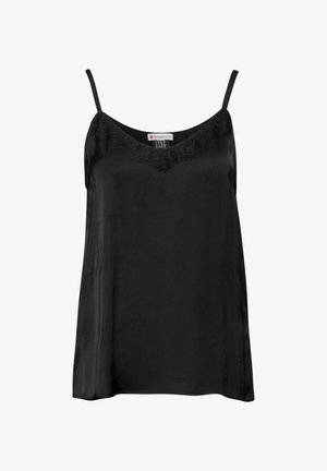 Černý top s tenkými ramínky, s krajkovým lemem podél výstřihu. Vyrobeno z hladkého, lehkého materiálu s volným střihem.