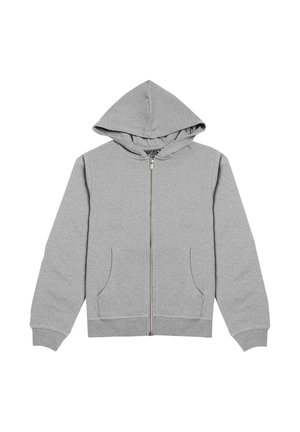 Grauer Kapuzenpullover mit durchgehendem Reißverschluss, Fronttaschen, langen Ärmeln und angenähter Kapuze, flach auf weißem Hintergrund liegend.