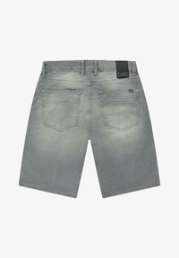 Grijze denim shorts met een rechte snit, twee achterzakken en een merklabel op de tailleband. Glad textuur, middelgrote wassing.