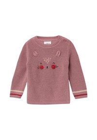 Rosa gestrickter Pullover mit langen Ärmeln, runder Halslinie, Knopfdetails und besticktem Tiergesicht mit roten Blumenakzenten. Gestreifte Bündchen.
