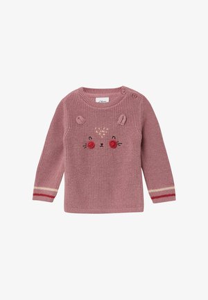Gebreide roze trui met lange mouwen, ronde hals, knoopdetails en geborduurde dierenkop met rode bloemaccenten. Gestreepte manchetten.