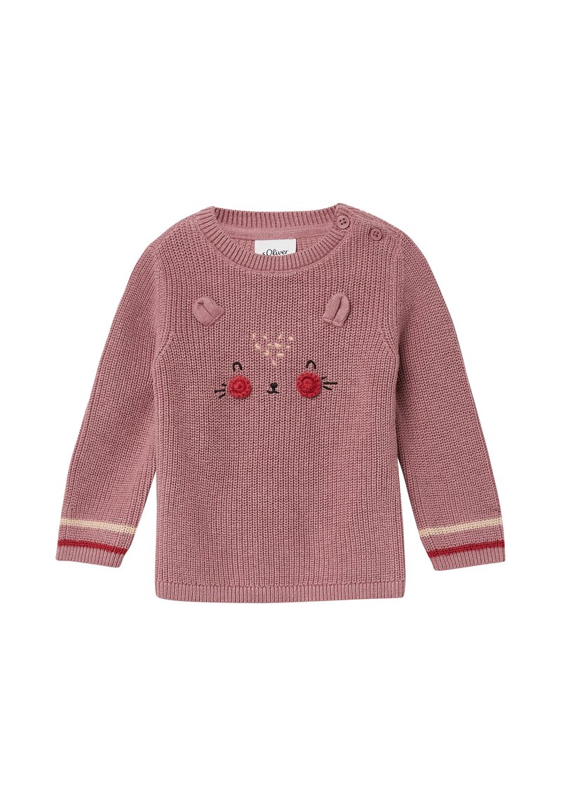 Rosa gestrickter Pullover mit langen Ärmeln, runder Halslinie, Knopfdetails und besticktem Tiergesicht mit roten Blumenakzenten. Gestreifte Bündchen.
