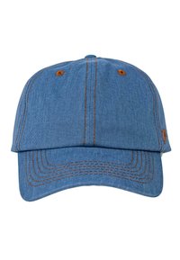 Gorra de mezclilla azul con costuras naranjas, visera curva y ojales de ventilación de metal. Presenta un patrón texturizado sutil a lo largo de la superficie.