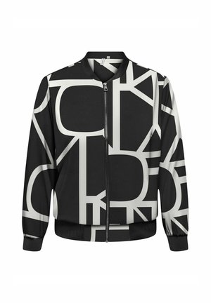 Giacca bomber nera con un motivo geometrico bianco a contrasto, chiusura con zip, polsini e orlo a coste in un tessuto morbido.