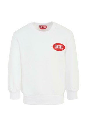 Witte sweatshirt met lange mouwen, geribbelde manchetten en een ronde halslijn. Bevat een rood "DIESEL" logo op de borst. Zachte textuur.