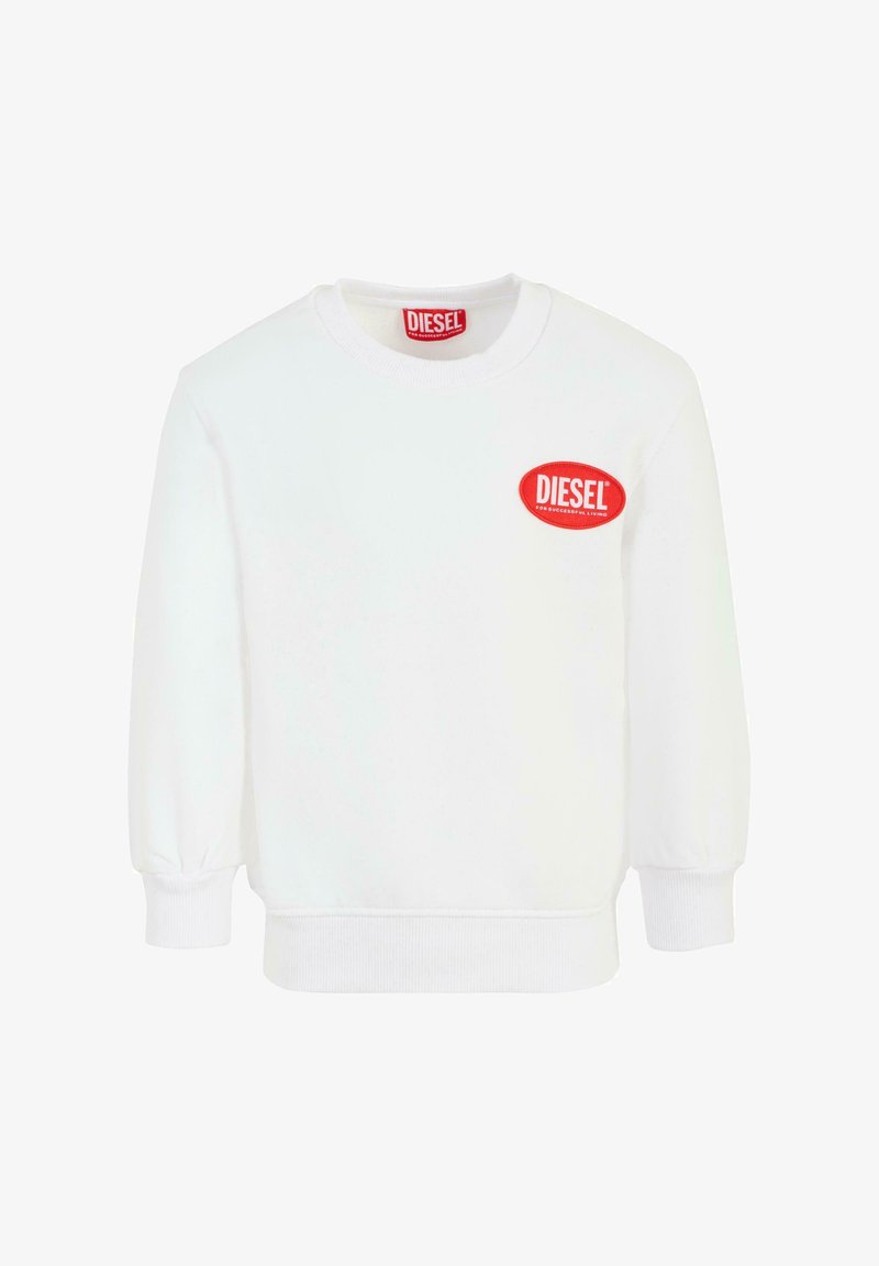 Felpa bianca con maniche lunghe, polsini a coste e scollatura rotonda. Presenta un patch con il logo rosso "DIESEL" sul petto. Texture morbida.