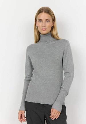 Maglione grigio a collo alto realizzato in morbido tessuto a maglia fine. Presenta maniche lunghe e un bordo a costine con una vestibilità leggermente rilassata.