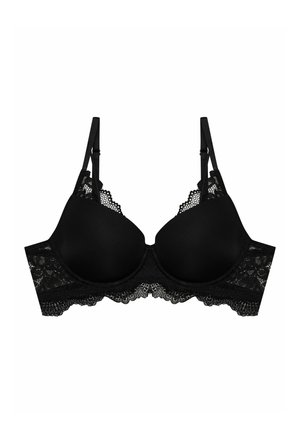 Czarny stanik z gładkimi miseczkami, koronkowym wykończeniem na dole, regulowanymi ramiączkami oraz usztywnionym kształtem. Koronkowe detale na brzegach.